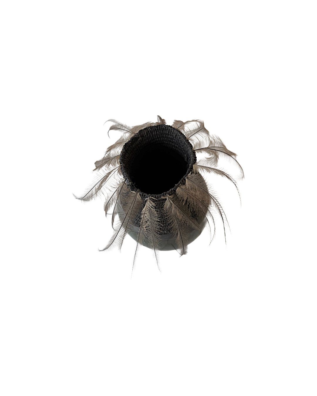 MONIQUE BURKHEAD | ‘Clay + Weave (2)’ | Raku glazed + fired ceramic / Raffia weaving / Emu + cassowary feathers