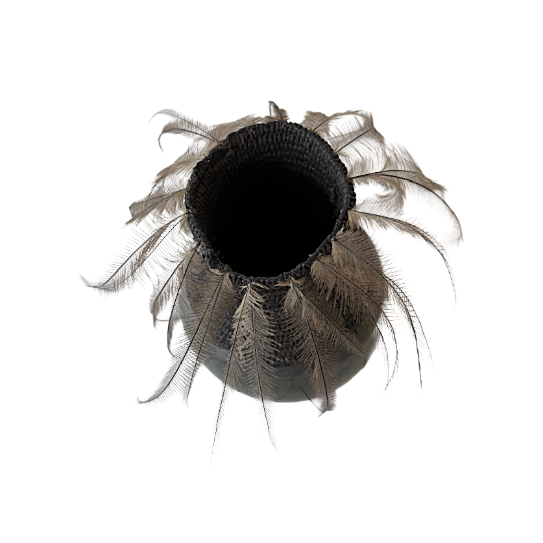 MONIQUE BURKHEAD | ‘Clay + Weave (2)’ | Raku glazed + fired ceramic / Raffia weaving / Emu + cassowary feathers