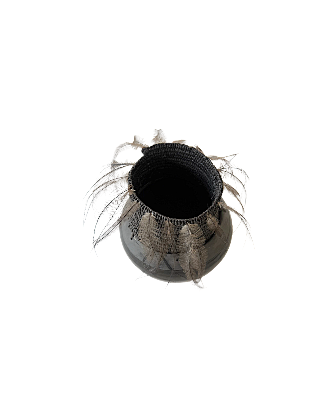 MONIQUE BURKHEAD | ‘Clay + Weave (3)’ | Raku glazed + fired ceramic / Raffia weaving / Emu + cassowary feathers