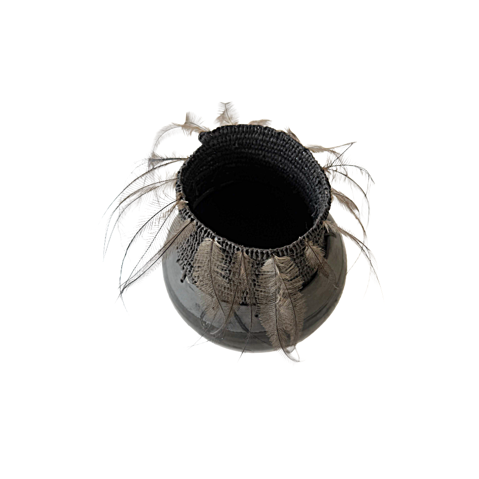 MONIQUE BURKHEAD | ‘Clay + Weave (3)’ | Raku glazed + fired ceramic / Raffia weaving / Emu + cassowary feathers