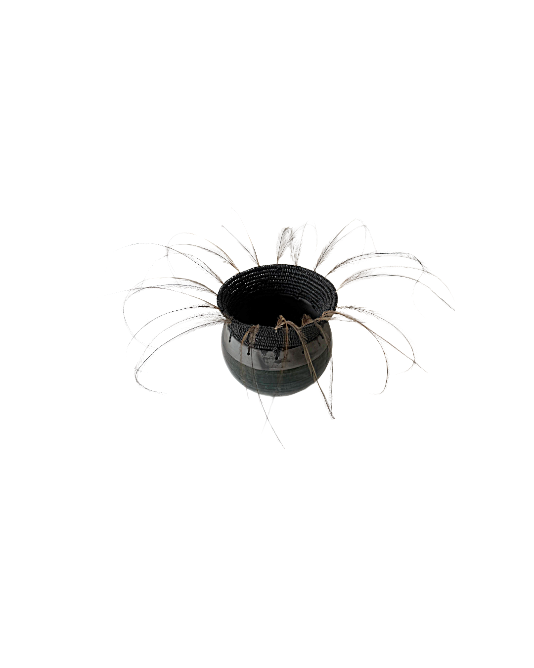 MONIQUE BURKHEAD | ‘Clay + Weave (4)’ | Raku glazed + fired ceramic / Raffia weaving / Emu + cassowary feathers