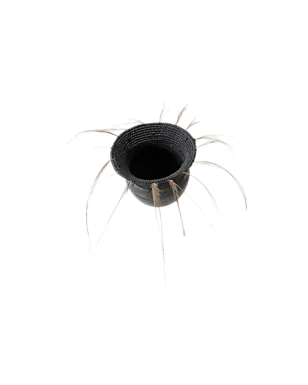 MONIQUE BURKHEAD | ‘Clay + Weave (5)’ | Raku glazed + fired ceramic / Raffia weaving / Emu + cassowary feathers