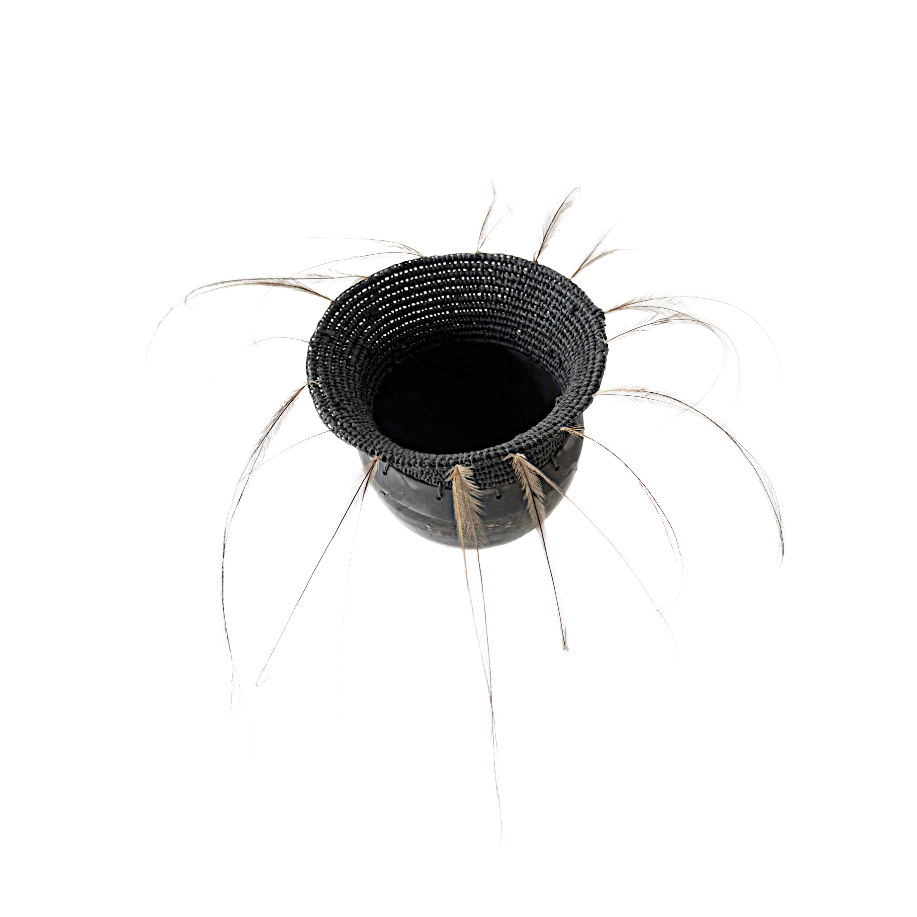 MONIQUE BURKHEAD | ‘Clay + Weave (5)’ | Raku glazed + fired ceramic / Raffia weaving / Emu + cassowary feathers