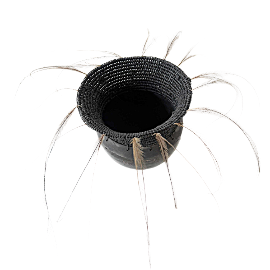 MONIQUE BURKHEAD | ‘Clay + Weave (5)’ | Raku glazed + fired ceramic / Raffia weaving / Emu + cassowary feathers