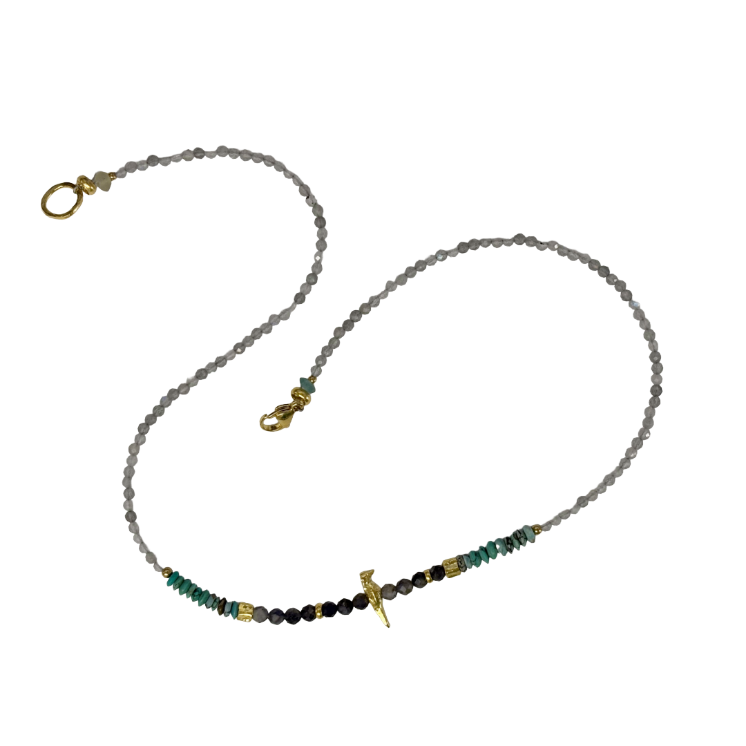 ARTIZ | ‘Small Bird Necklace’- Fine Short | Bronze bird charm | flourite / turquoise / bronze
