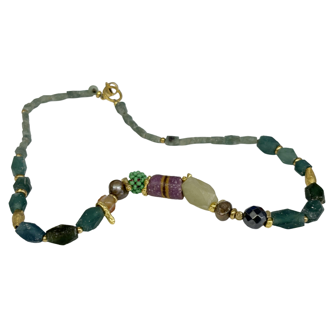 ARTIZ | ‘Mixed Media Necklace’- Chunky Beads | Pearl / mixed gemstones / African glass bead / bronze