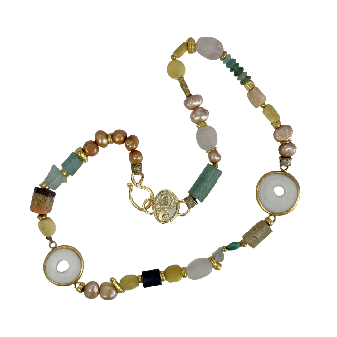 ARTIZ | ‘Mixed Media Necklace’- Chunky Beads + Shell Discs | Pearl / mixed gemstones / African glass bead / bronze