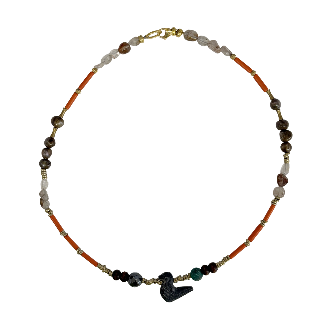 ARTIZ | ‘Black Bird Necklace’ | Stone bird charm | Coral / Pearl / amethyst / citrine / bronze