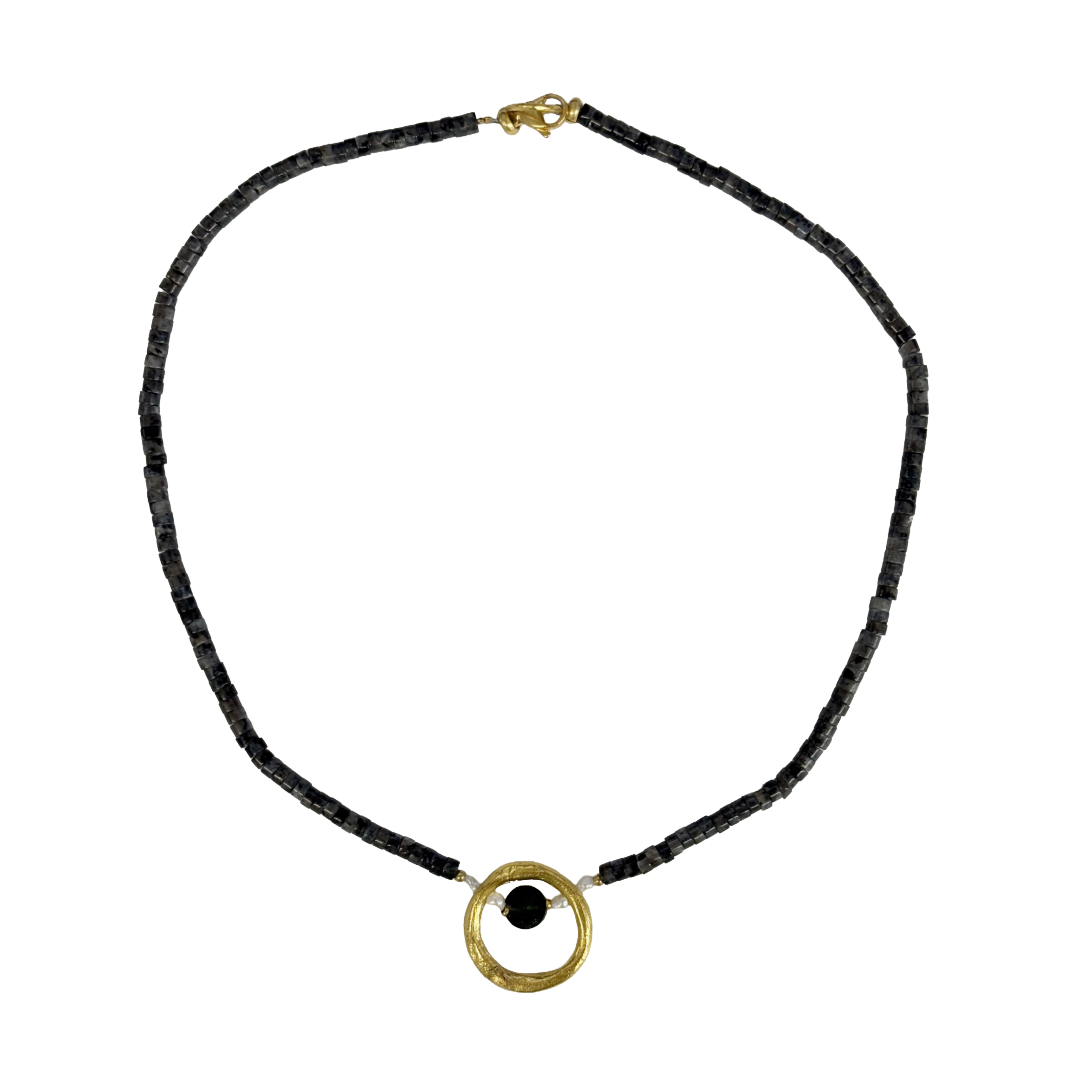 ARTIZ | ‘Suspended Ring Necklace’ | Bronze ring charm | fluorite / pearl / bronze