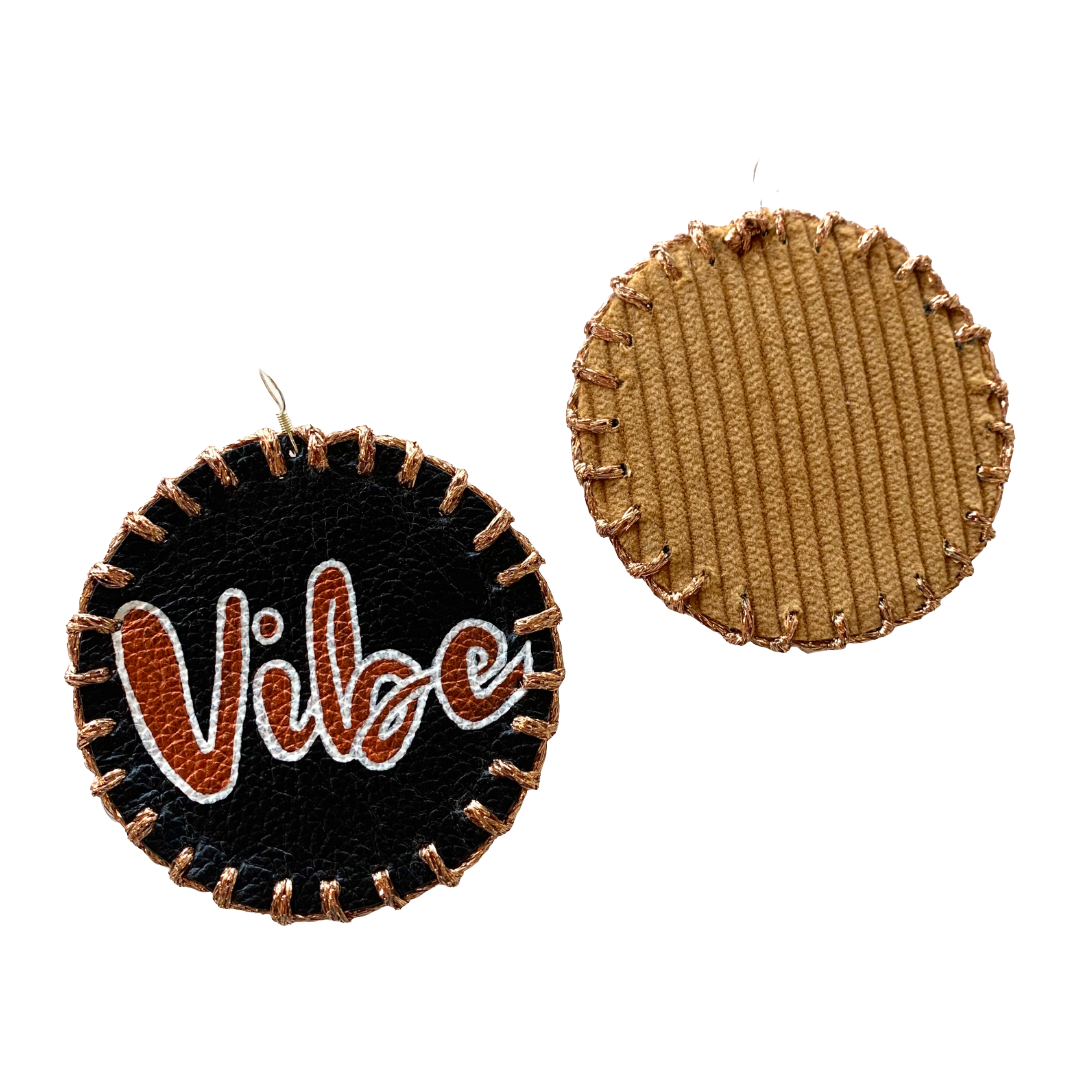 MUM’A NAI | ‘Maxi Attraction – Vibe #1’ | Upcycled mustard corduroy / acrylic on black leather / sparkle copper embroidery / sterling silver hooks | 8 (d) cm