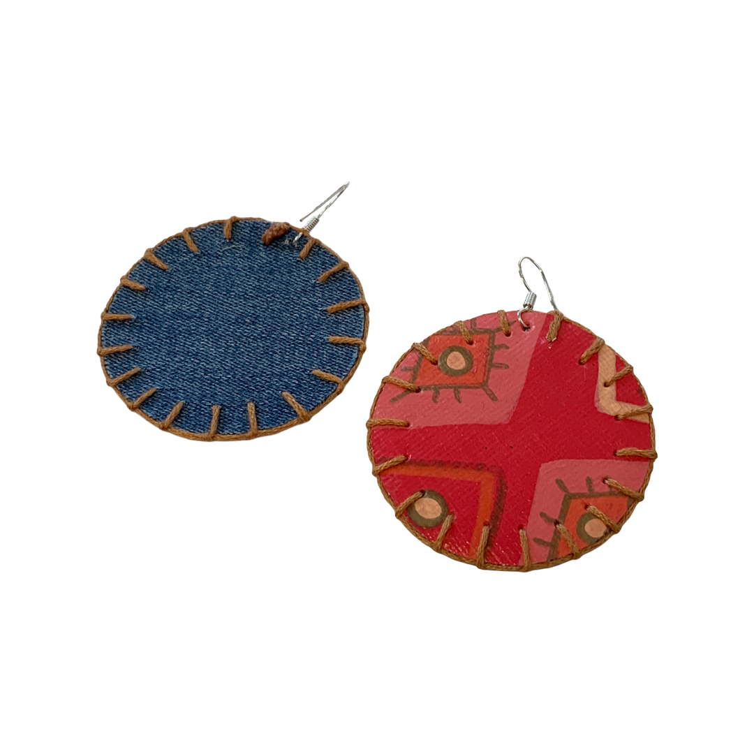 MUM'A NAI | Adored Discoid – Effervescent #1 | Upcycled denim and acrylic on canvas with mustard cotton embroidery and sterling silver hooks | 5 (d) cm