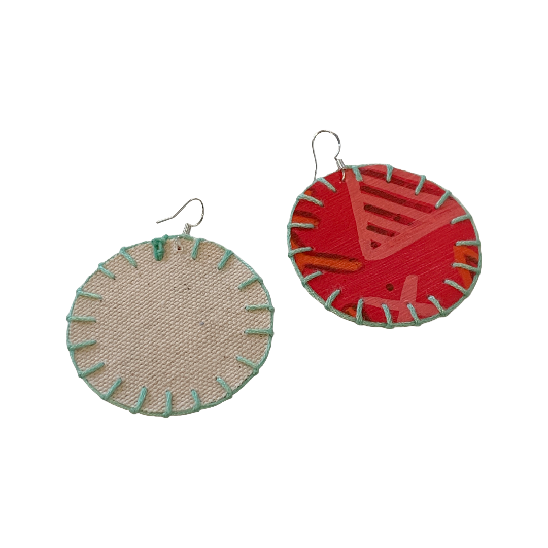 MUM'A NAI | Adored Discoid – Effervescent #2 | Upcycled canvas and acrylic on canvas with aqua cotton embroidery and sterling silver hooks | 5 (d) cm