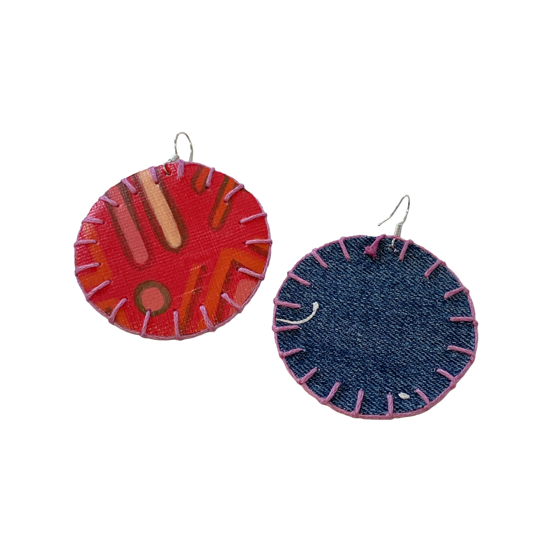 MUMA' NAI | Adored Discoid – Effervescent #3 | Upcycled denim and acrylic on canvas with pink cotton embroidery and sterling silver hooks | 5 (d) cm