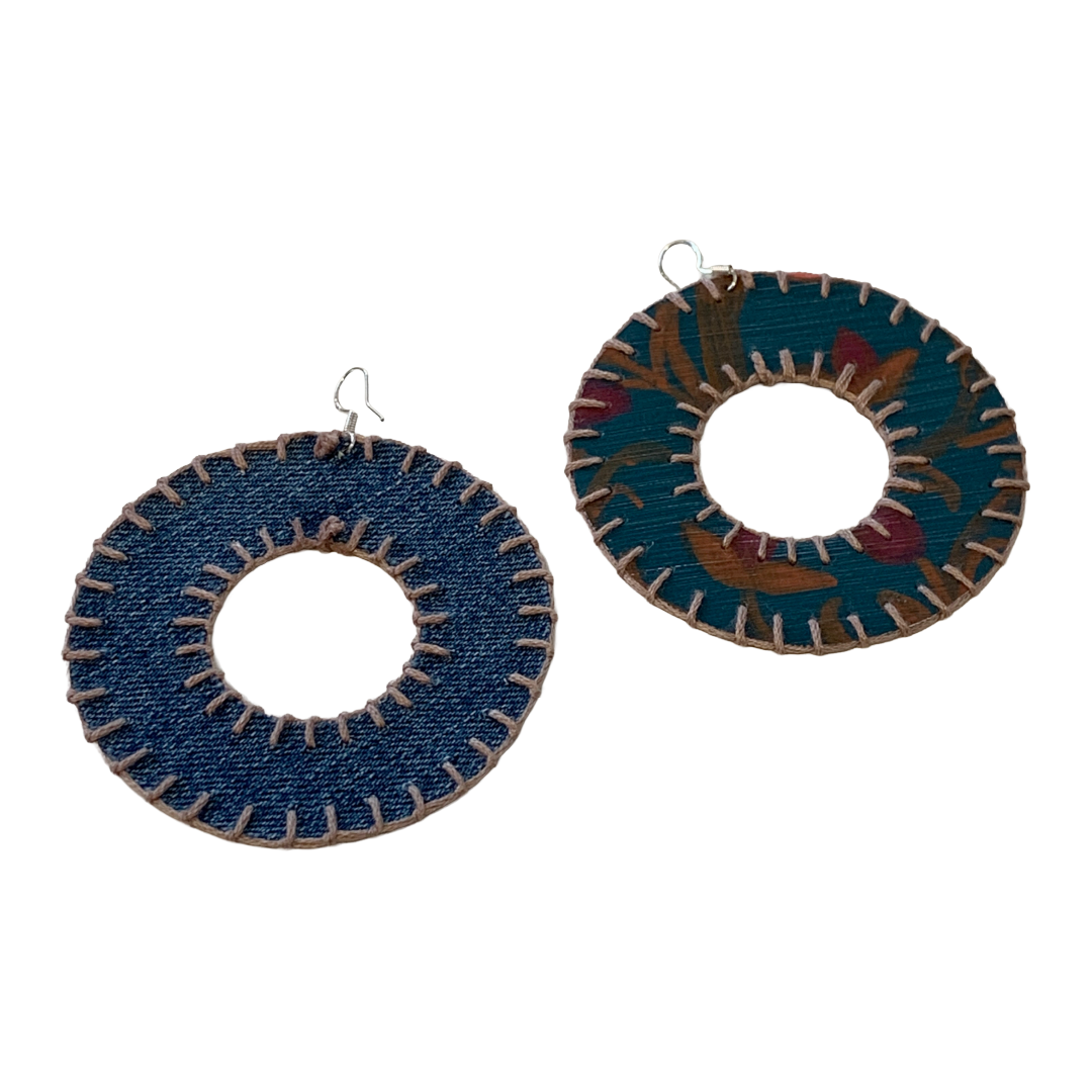 MUM'A NAI | Dazzling Donuts – Romance Me #3 | Upcycled denim and acrylic on canvas with grey cotton embroidery and sterling silver hooks | 7 (d) cm