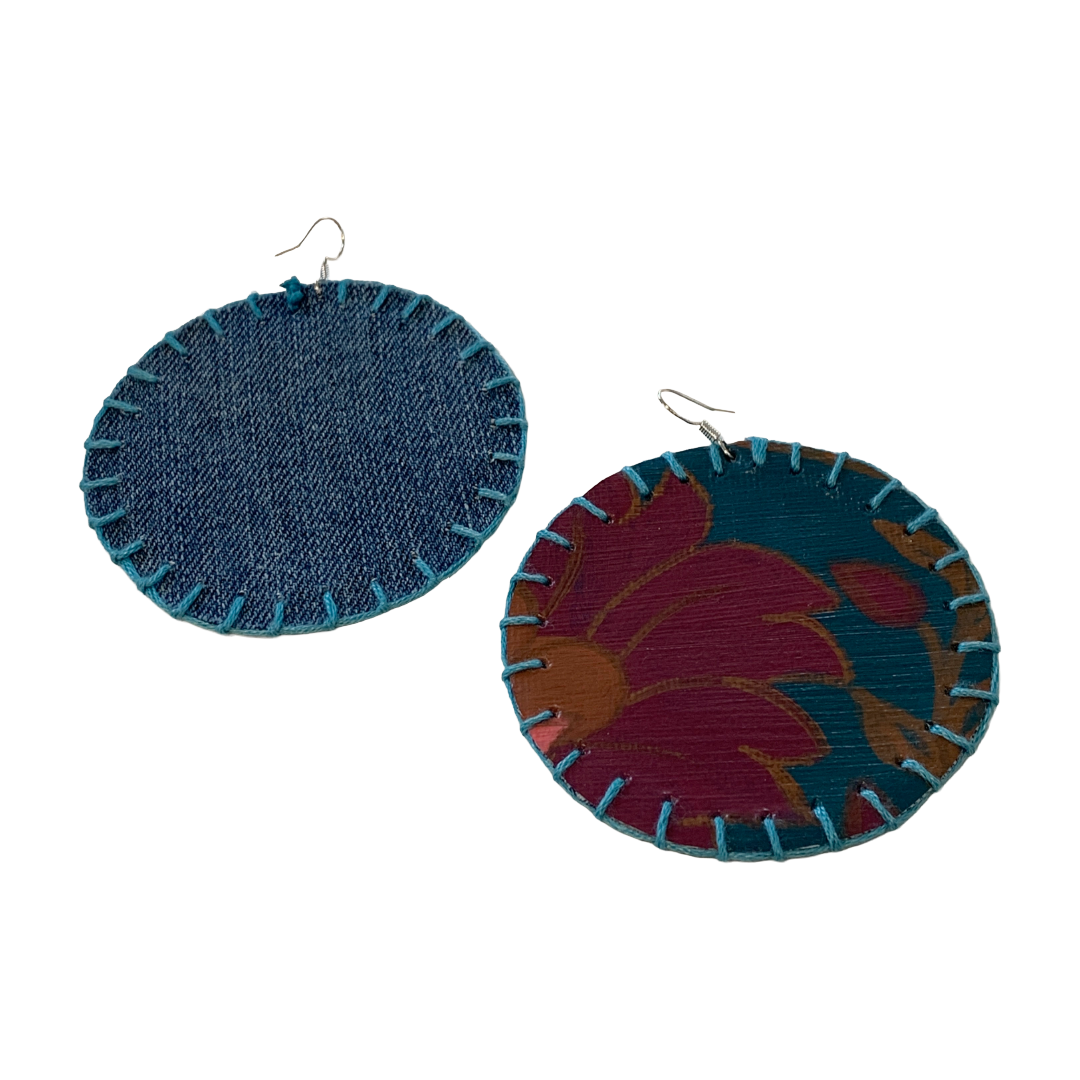 MUM'A NAI | Colossal Charms – Romance Me #2 | Upcycled denim and acrylic on canvas with blue cotton embroidery and sterling silver hooks | 7 (d) cm