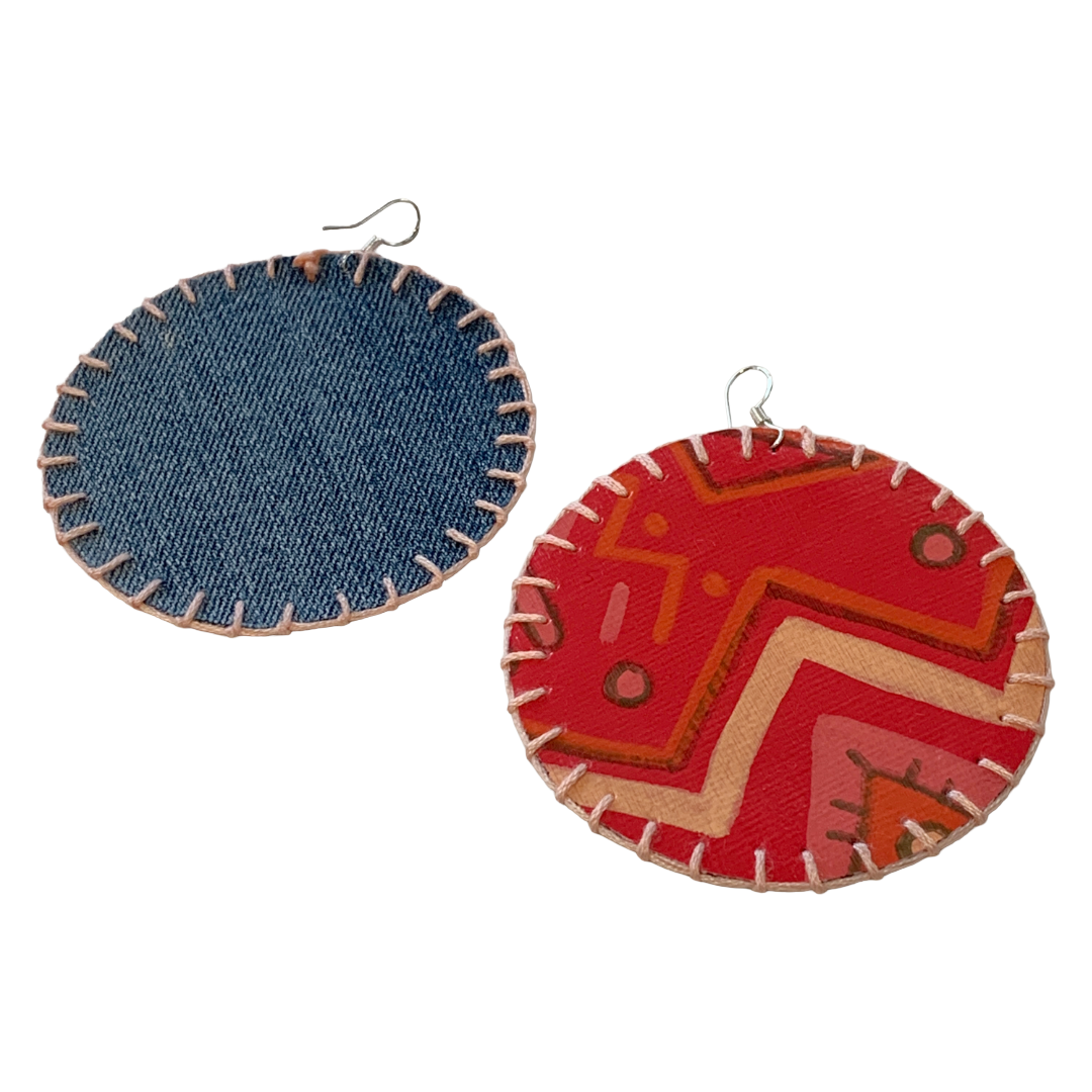 MUM'A NAI | Colossal Charms – Effervescent #1 | Upcycled denim and acrylic on canvas with lime green cotton embroidery and sterling silver hooks | 7 (d) cm