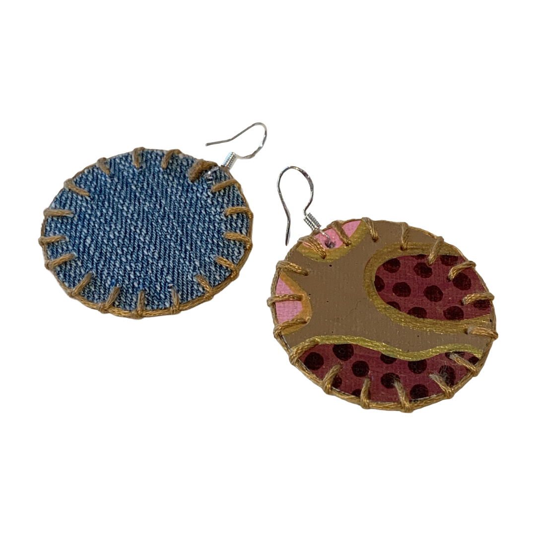 MUM’A NAI | 'Midi Bling – Salome Within #3' | Upcycled denim and acrylic on canvas with gold cotton embroidery and sterling silver hooks