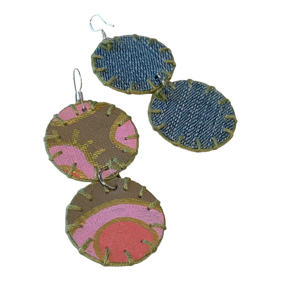 MUM’A NAI | 'Two’s Trouble – Salome Within #2' | Upcycled denim and acrylic on canvas with green cotton embroidery and sterling silver hooks