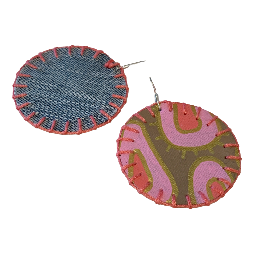 MUM’A NAI | 'Adored Discoid – Salome Within #5' | Upcycled denim and acrylic on canvas with pink cotton embroidery and sterling silver hooks