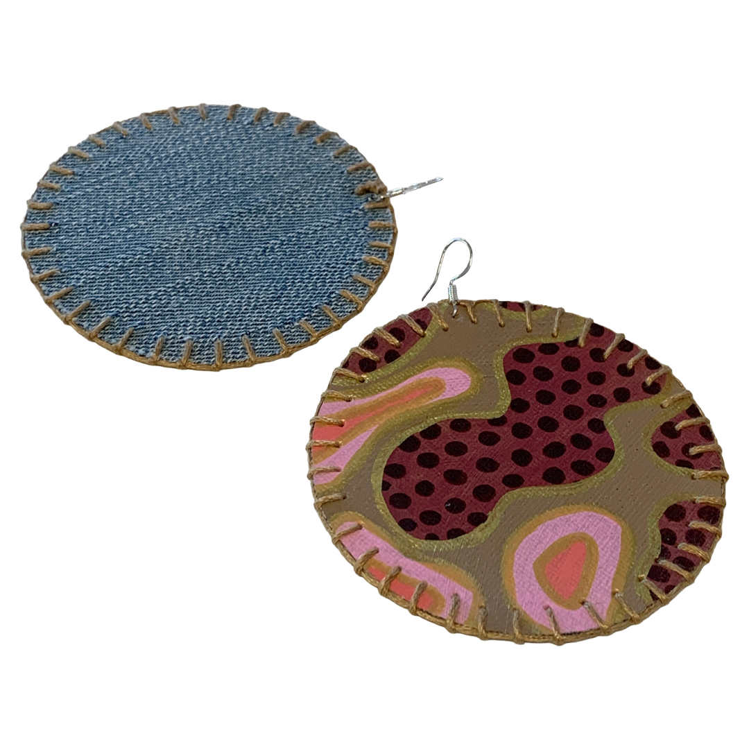 MUM’A NAI | 'Colossal Charms – Salome Within #1' | Upcycled denim and acrylic on canvas with gold cotton embroidery and sterling silver hooks
