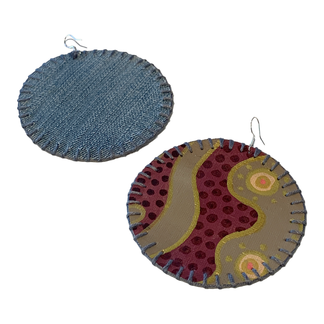 MUM’A NAI | 'Colossal Charms – Salome Within #3' | Upcycled denim and acrylic on canvas with grey cotton embroidery and sterling silver hooks