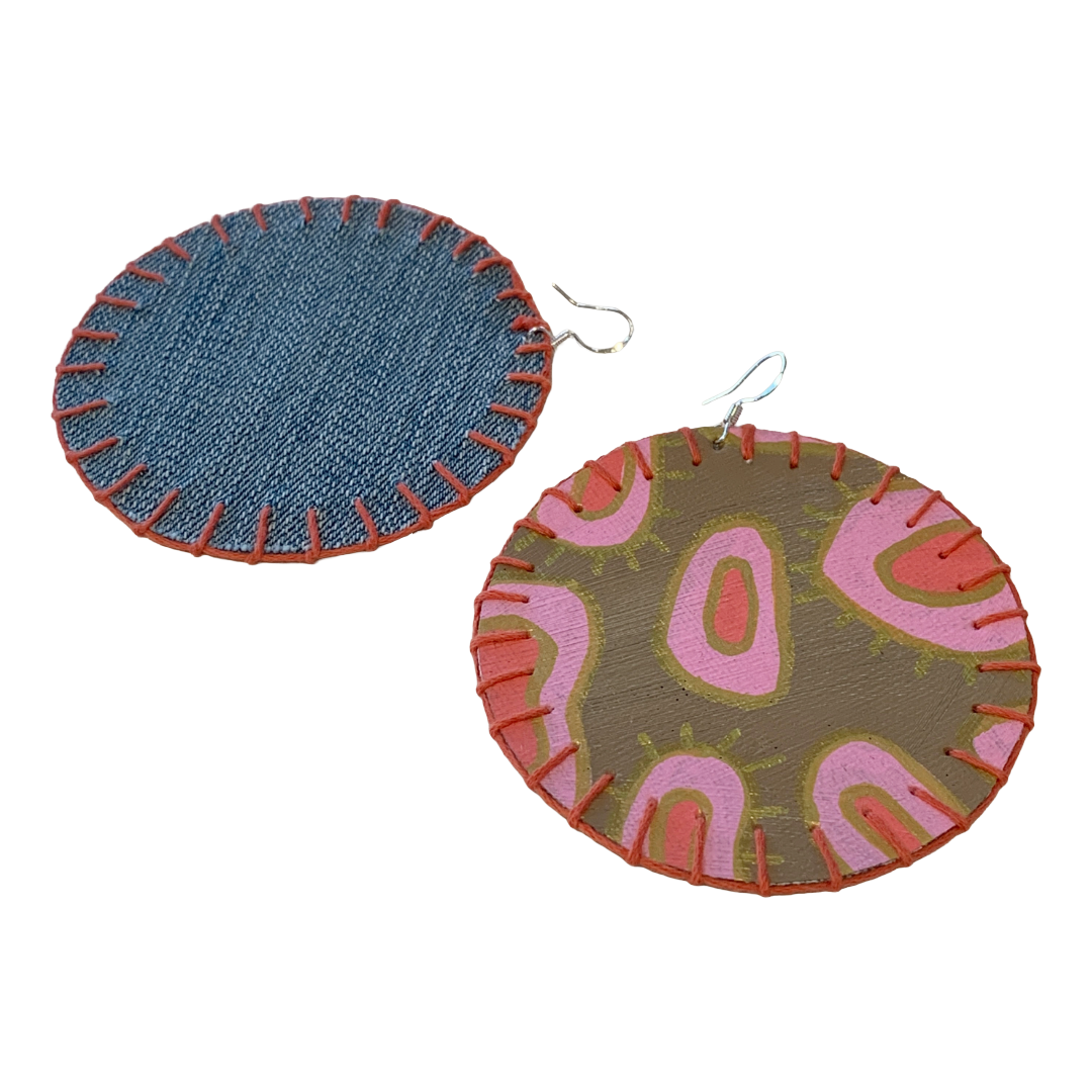 MUM’A NAI | 'Colossal Charms – Salome Within #5' | Upcycled denim and acrylic on canvas with orange cotton embroidery and sterling silver hooks