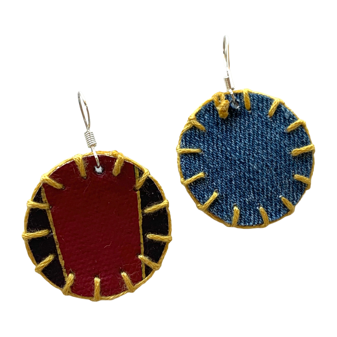 MUM’A NAI | ‘Mini Fun – Golden Love #1’ | Upcycled denim / screen-printed material / brown cotton embroidery / sterling silver hooks | 3.5 (d) cm