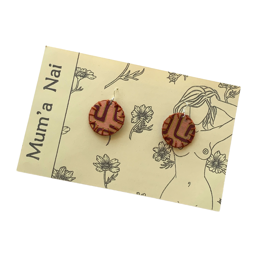 MUM’A NAI | ‘Mini Fun – Maze of Life #1’ | Upcycled blue cotton material / acrylic on canvas / brown cotton embroidery / sterling silver hooks | 3.5 (d) cm