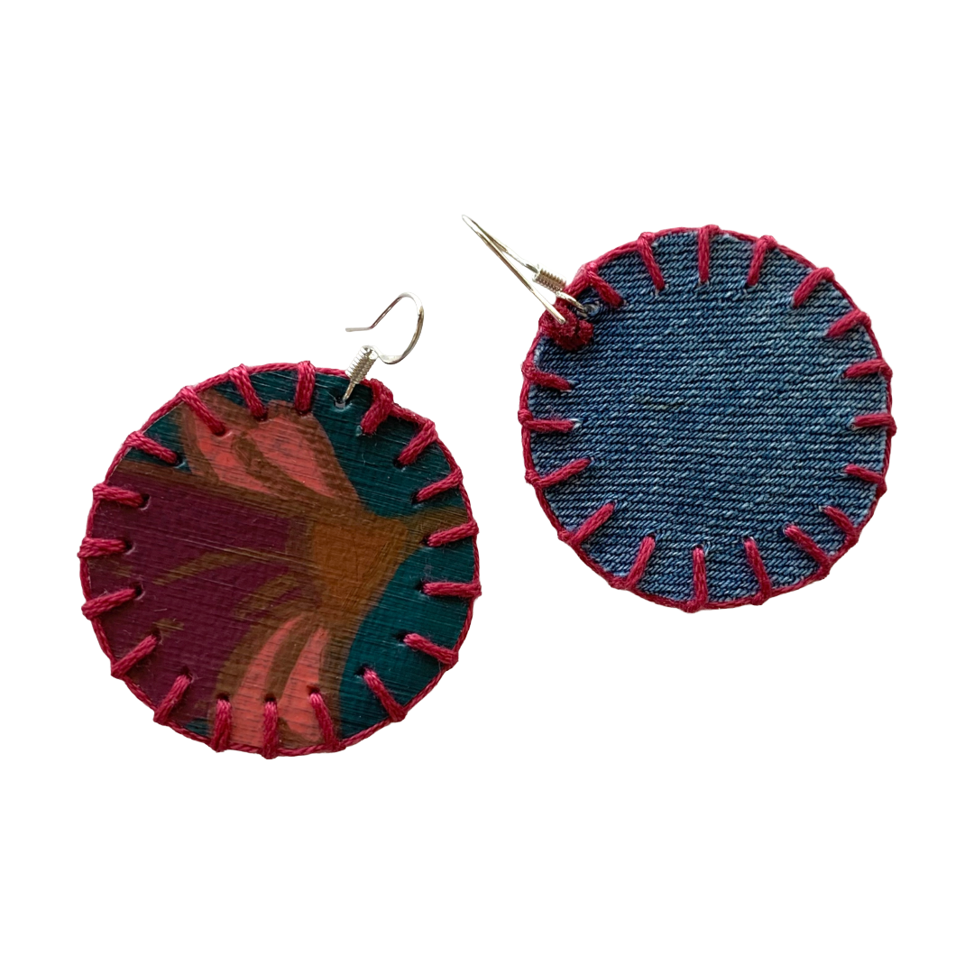 MUM’A NAI | ‘Midi Bling – Romance Me #1’ | Upcycled denim / acrylic on canvas / fuchsia cotton embroidery / sterling silver hooks | 4 (d) cm