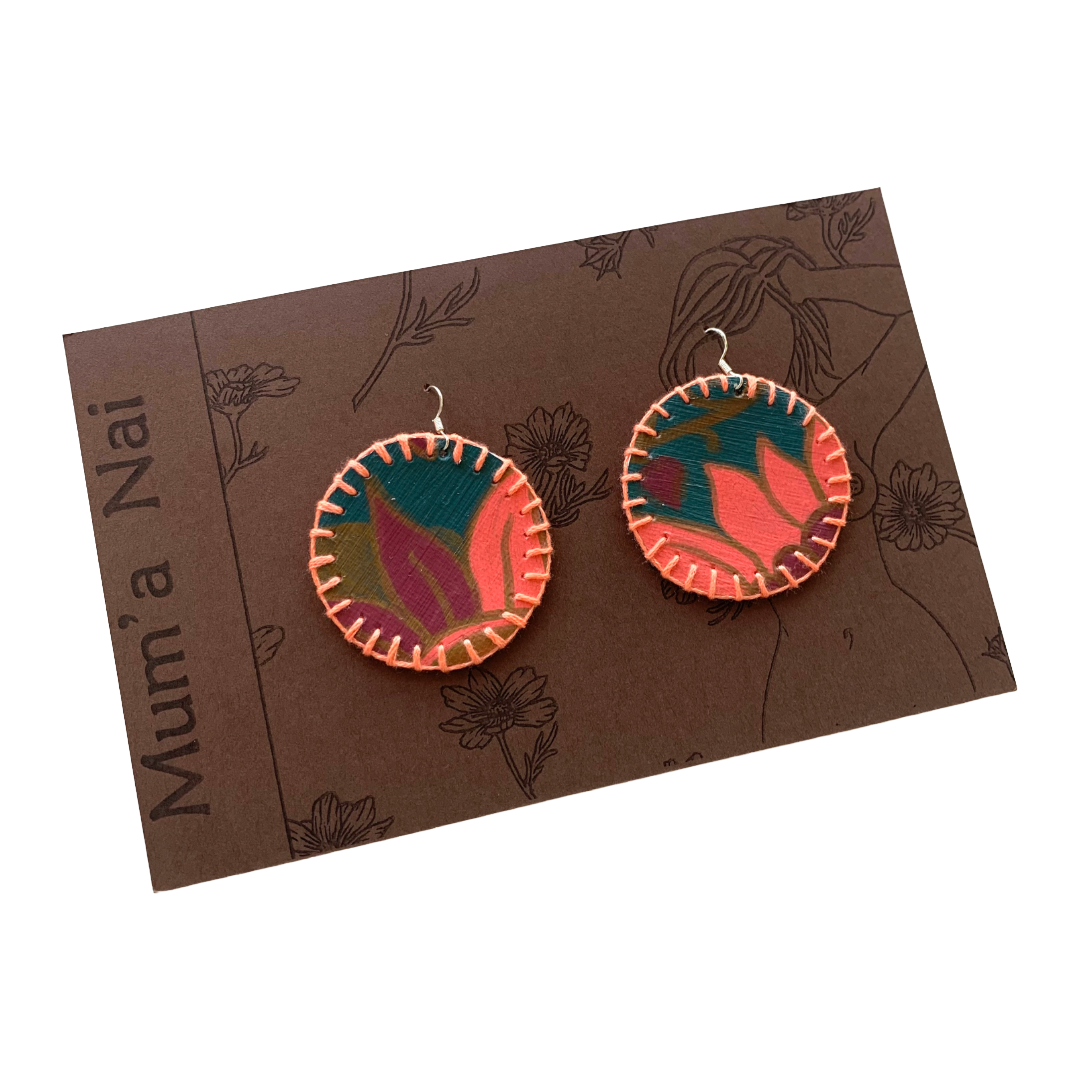 MUM’A NAI | ‘Adored Discoid – Romance Me #1’ | Upcycled denim / acrylic on canvas / pink cotton embroidery / sterling silver hooks | 5 (d) cm