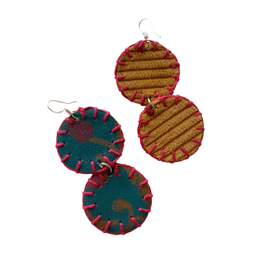 MUM’A NAI | ‘Two’s Trouble – Romance Me #1’ | Upcycled mustard corduroy / acrylic on canvas / fuchsia cotton embroidery / sterling silver hooks | 6.5 (h) x 3.5 (w) cm