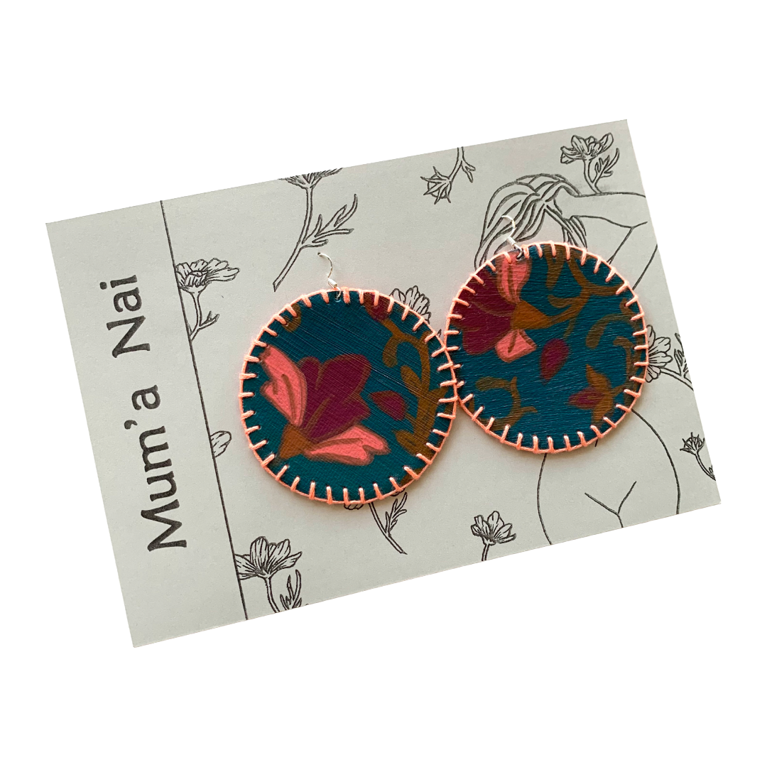 MUM’A NAI | ‘Colossal Charms – Romance Me #1’ | Upcycled denim / acrylic on canvas / pink cotton embroidery / sterling silver hooks | 7 (d) cm