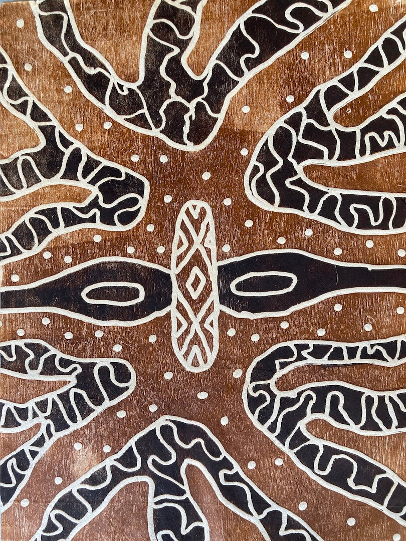 NAPOLEAN OUI | 'Rainforest Shield Design Wabarr gabay-barra' | Hunting for termites (white ants) II' | Woodblock print
