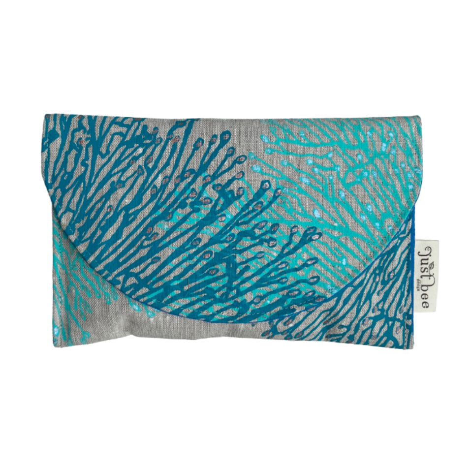 JUST BEE DESIGNS | 'Reef (Aqua + Reef Blue + Silver) Clutch’ | Pure linen / handprinted
