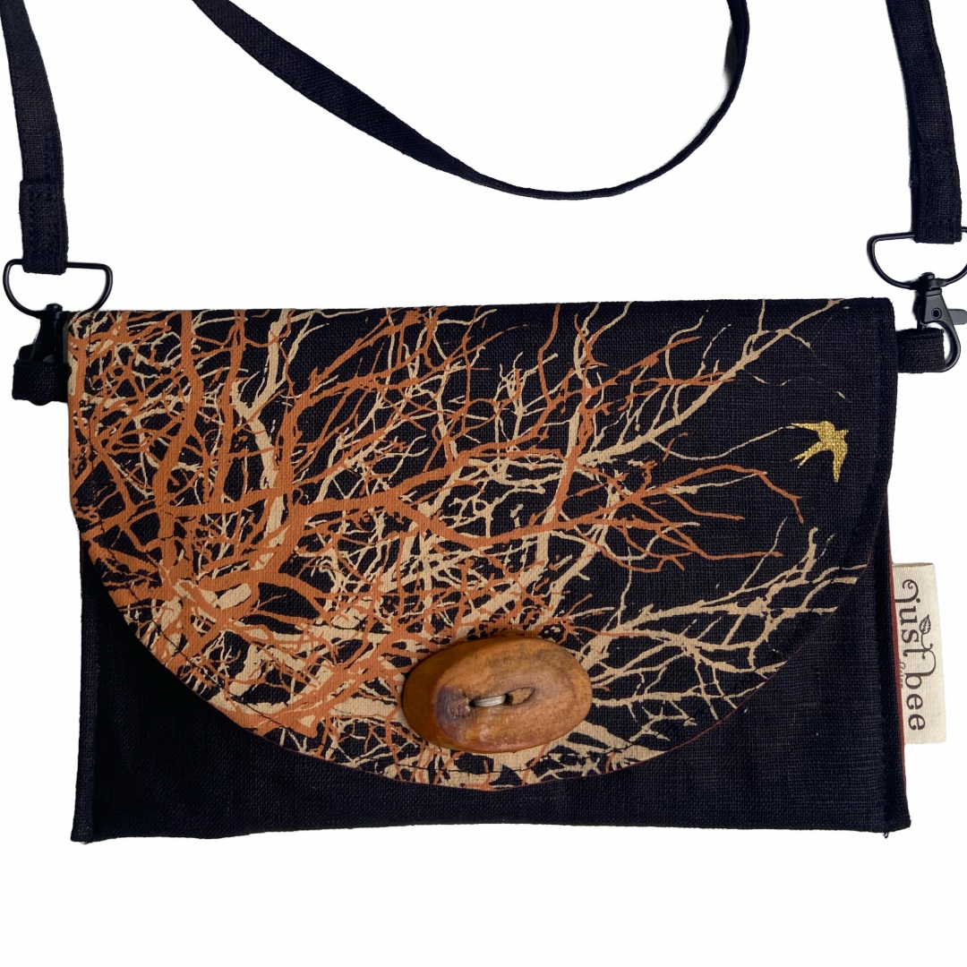 JUST BEE DESIGNS | ‘Golden Bird’ Art Clutch / Shoulder Bag | Removable Strap | Pure linen / handprinted