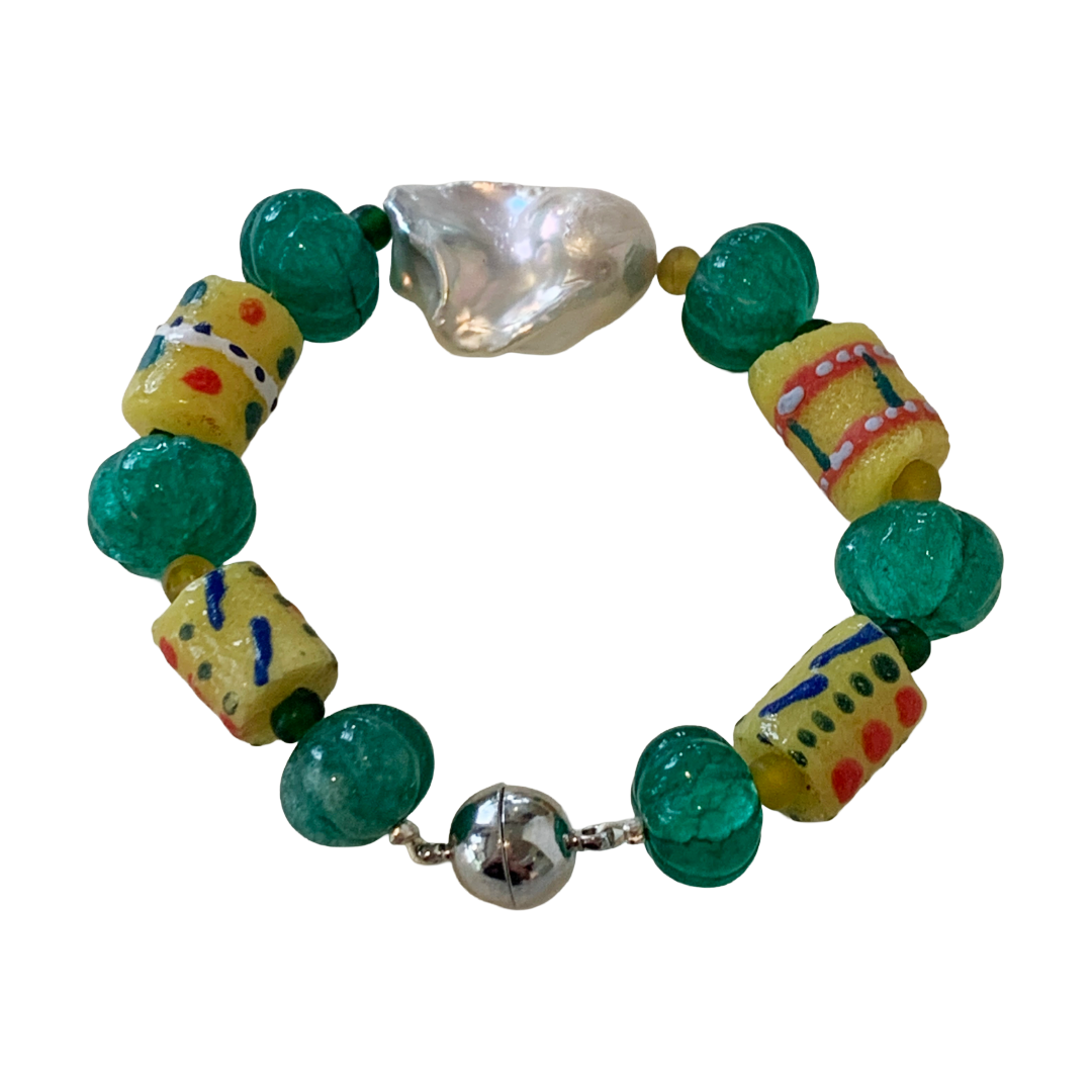 PEARL AND SALTY PLUM | ‘Emerald and Pearl Bracelet’ | emerald + krobo beads / baroque freshwater pearls