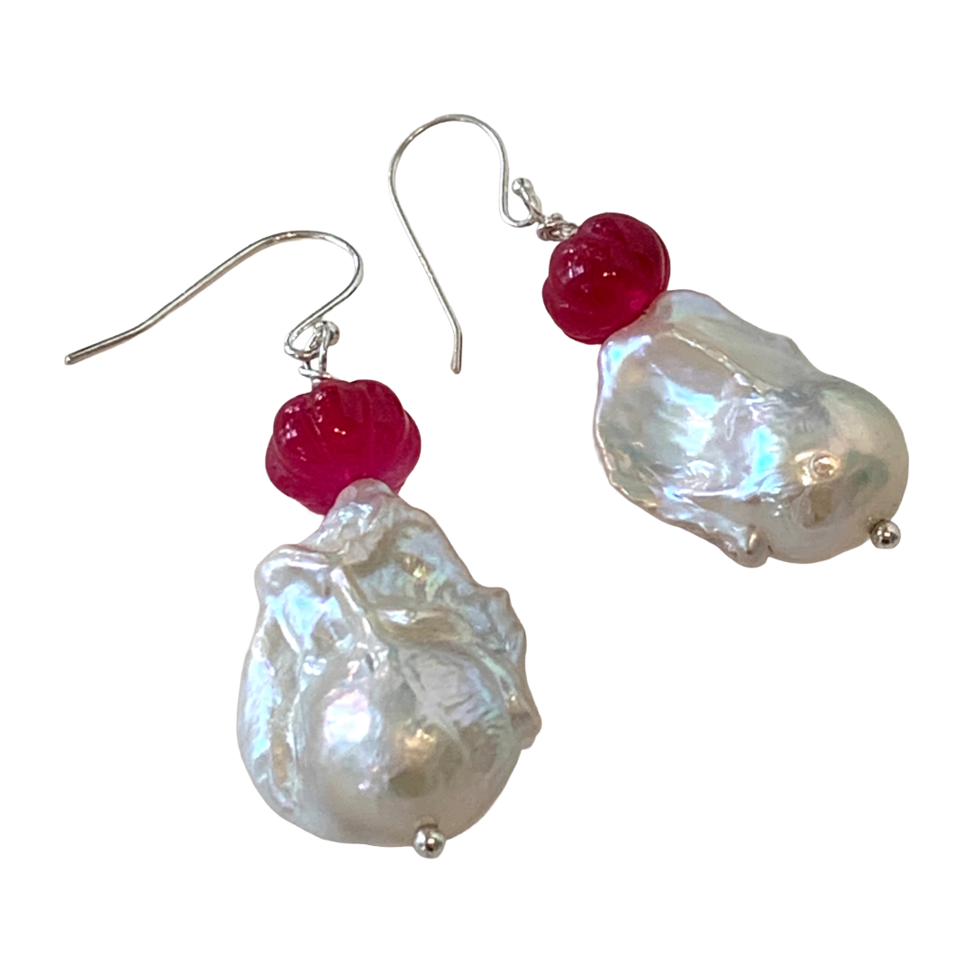 6. PEARL AND SALTY PLUM | ‘Baroque Pearl earrings | Pink Enhanced Ruby / Baroque Freshwater Pearls
