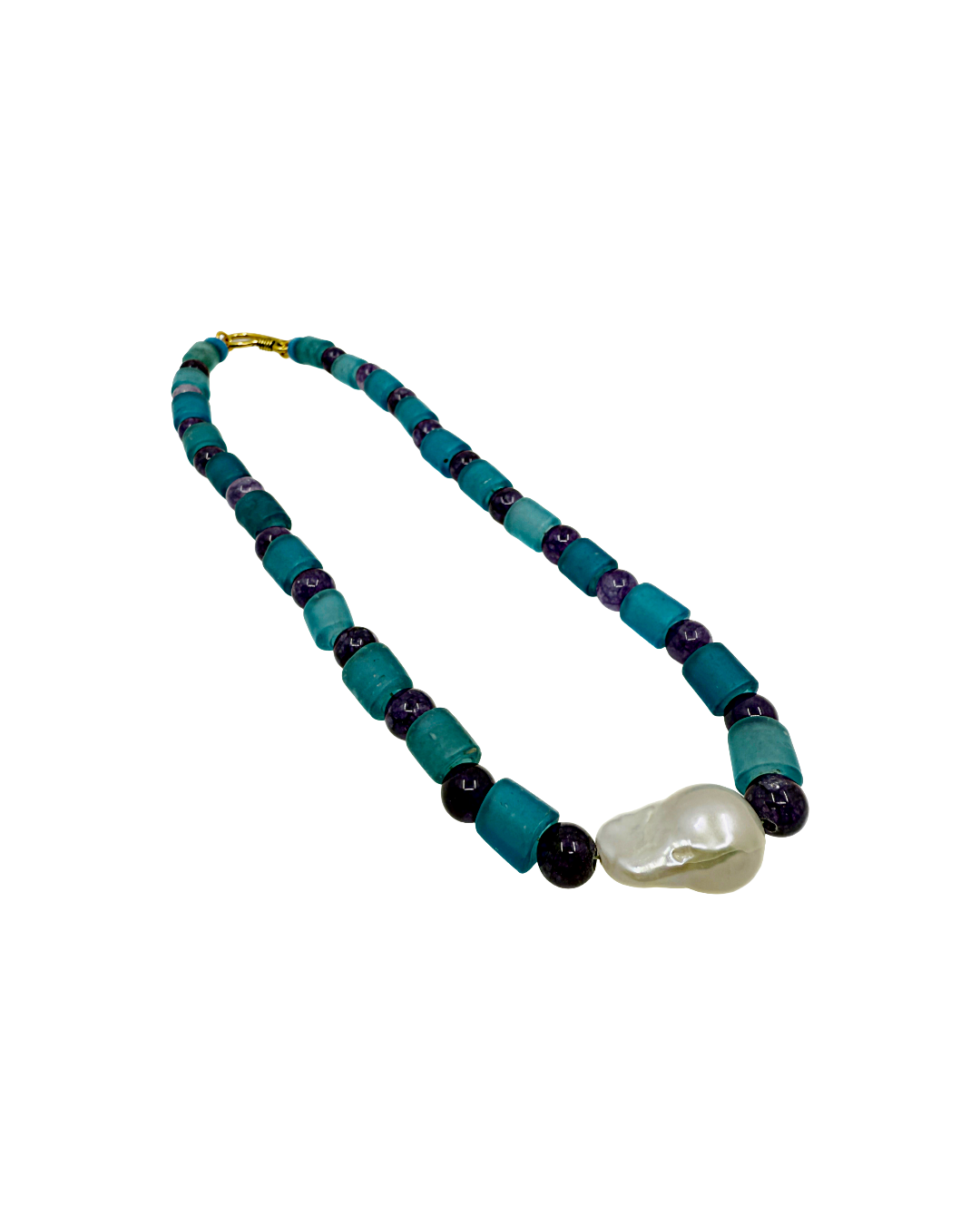 PEARL AND SALTY PLUM | ‘Amethyst Pendant Choker’ | Amethyst beads / Baroque freshwater pearls / glass beads