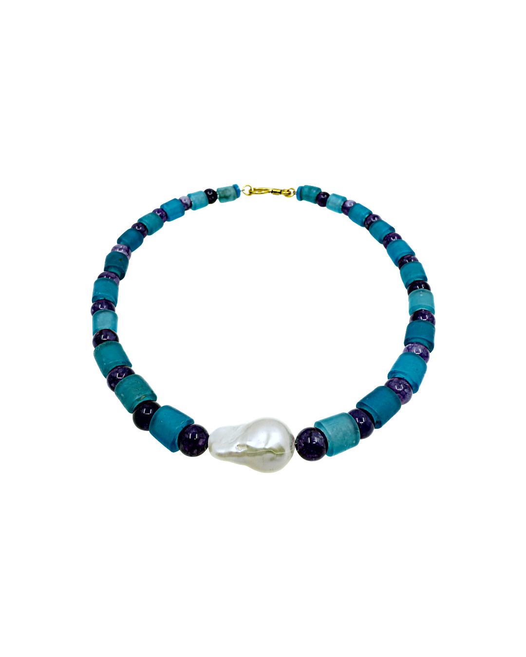 PEARL AND SALTY PLUM | ‘Amethyst Pendant Choker’ | Amethyst beads / Baroque freshwater pearls / glass beads
