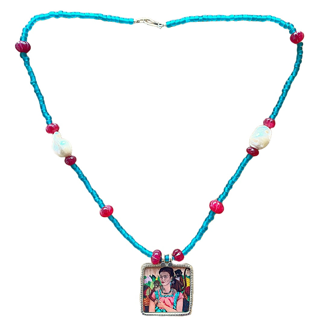 PEARL AND SALTY PLUM | ‘Square Frida Necklace’ | Mixed media