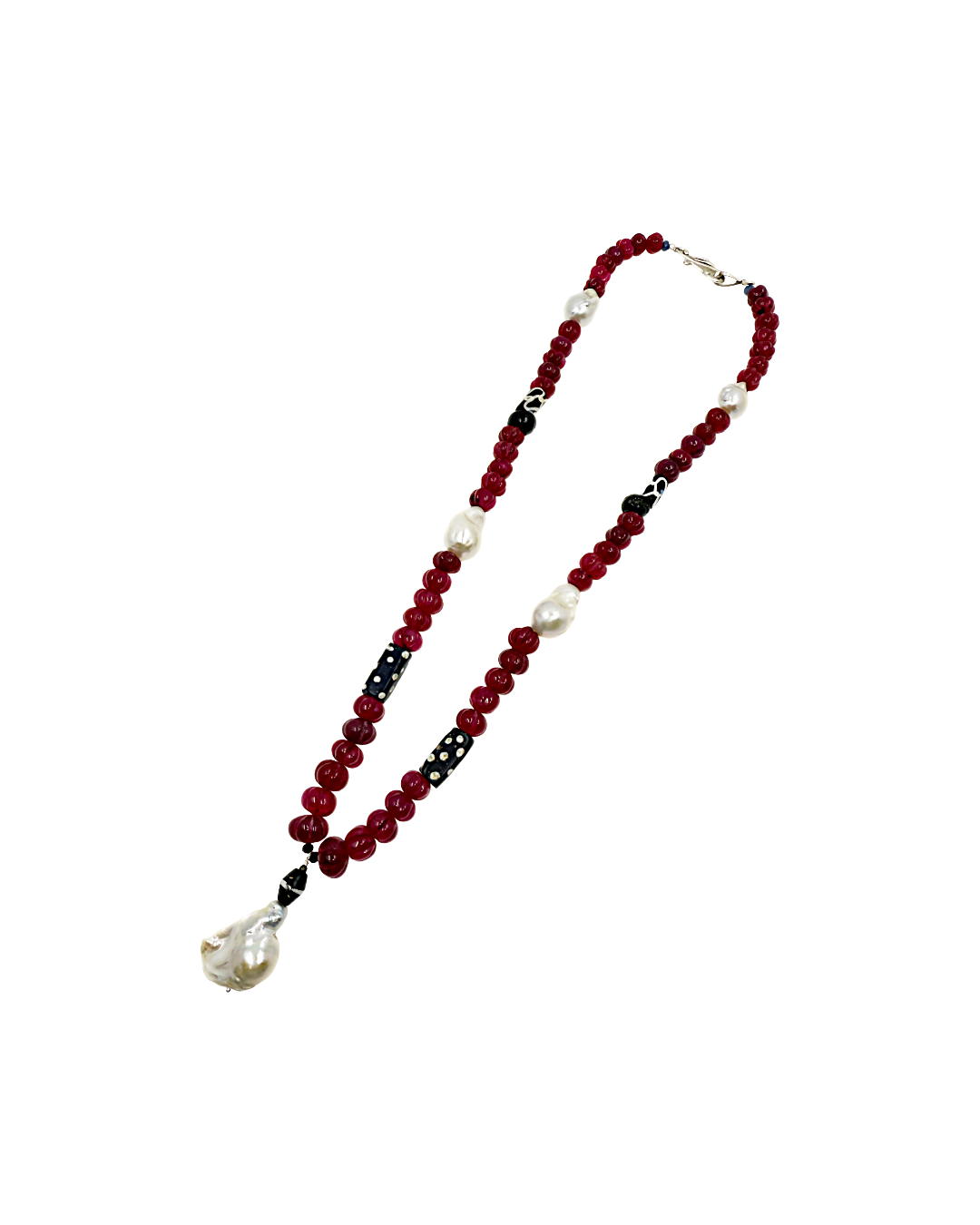 PEARL AND SALTY PLUM | ‘Ruby + Pearl Necklace’ | Ruby / African trade beads / Baroque freshwater pearls