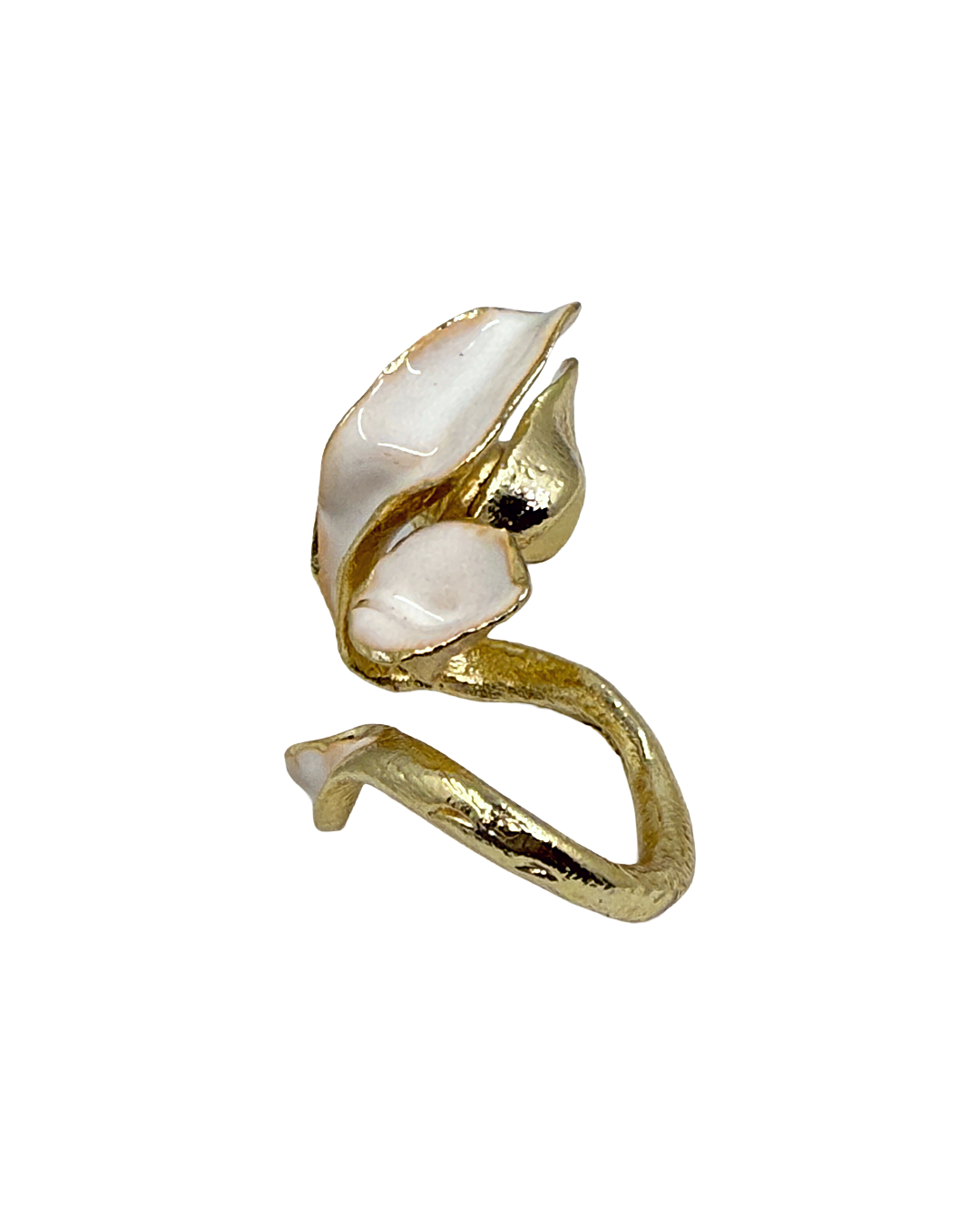 ARTIZ | 'White Enamel Leaf Ring (XL)' 2 | Gold plated bronze