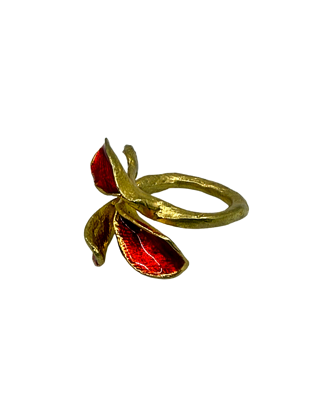ARTIZ | 'Red Enamel Leaf Ring ' | Gold plated bronze