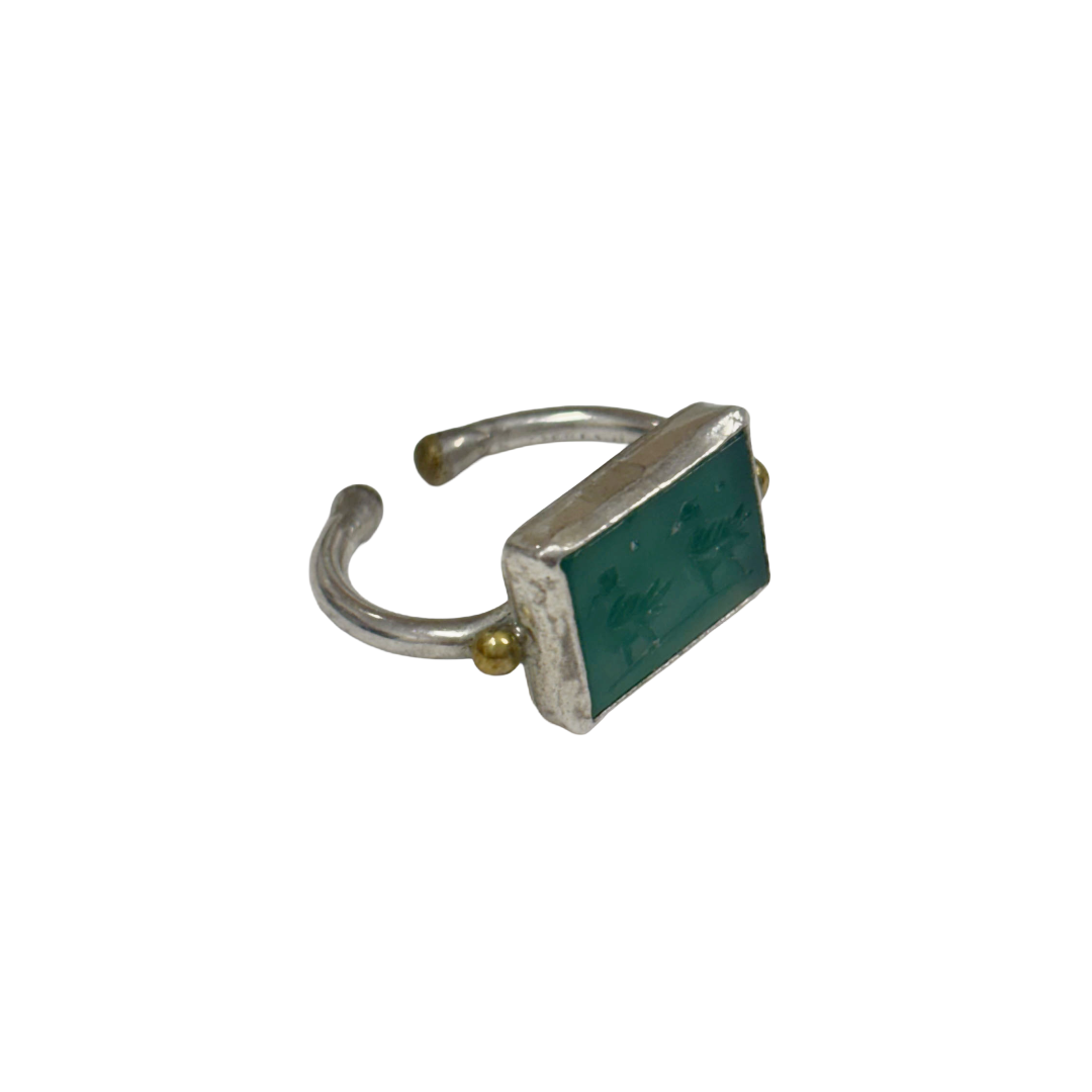 ARTIZ | 'Carved Ring'- Two Birds | green rectangle stone | silver + bronze | hand carved surface