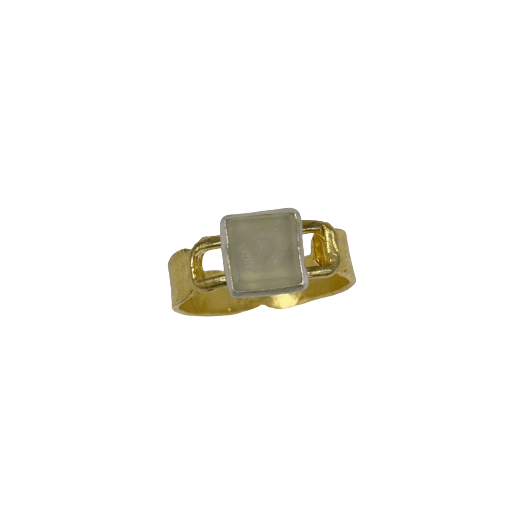 ARTIZ | 'Small Carved Ring'- Flower | pale green square stone | silver + bronze | hand carved surface