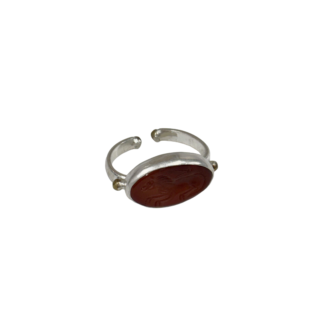ARTIZ | 'Carved Ring'- Horse | orange oval stone | silver + bronze | hand carved surface