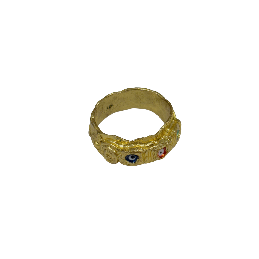 ARTIZ | 'Triple Nazar Ring' | blue, red, green evil eyes | Enamel + bronze
