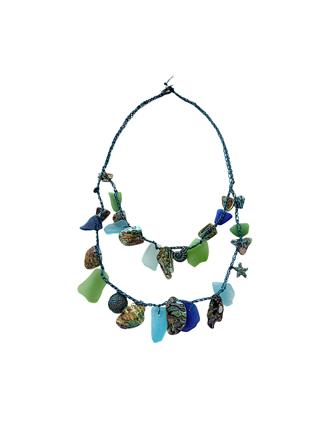 WILD THINGS | ‘Sea-glass + Crotchet Necklace: Deep Blue Sea' | Beach glass / recycled glass / cord / charms / shell