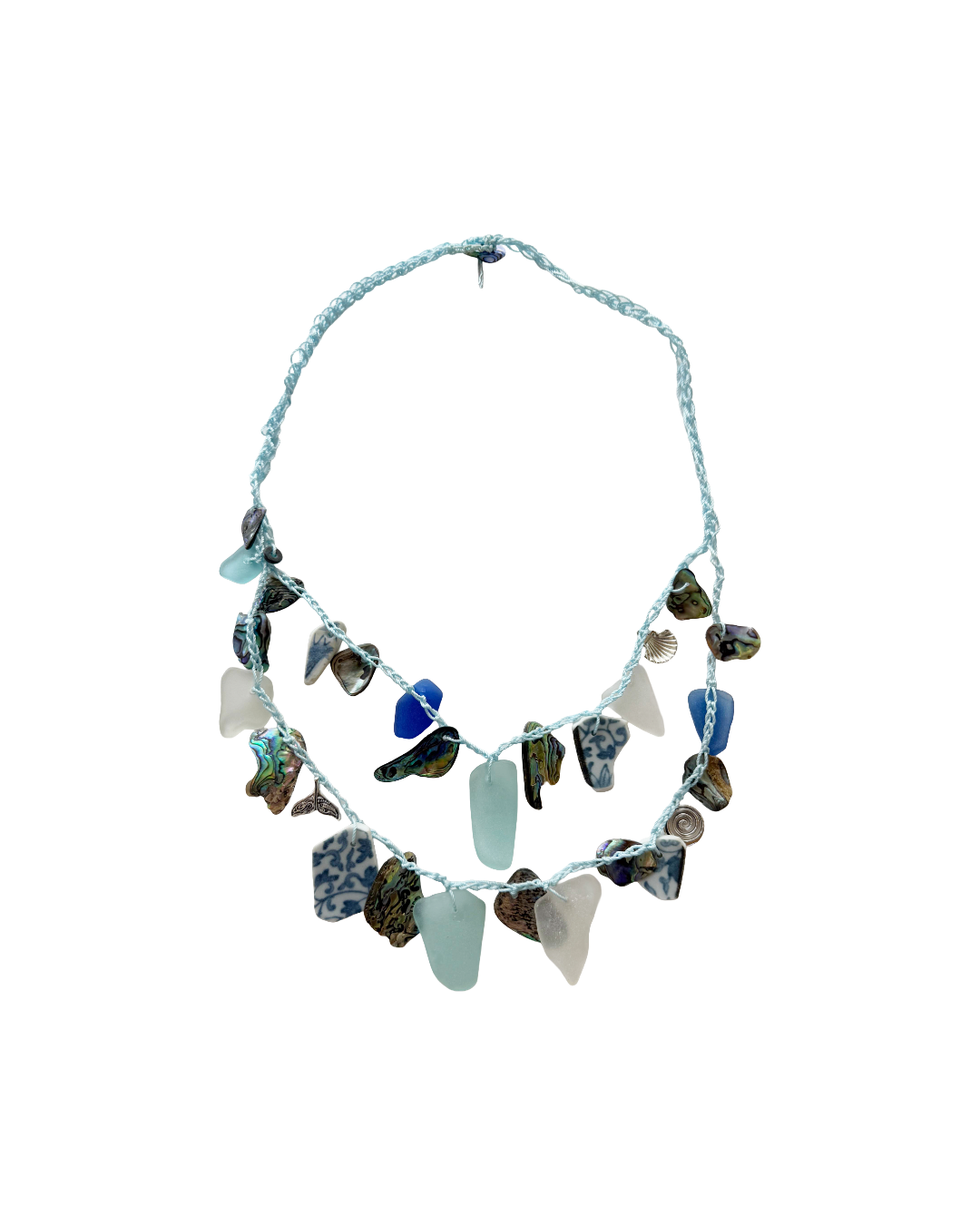 WILD THINGS | ‘Sea-glass + Crotchet Necklace: Blue Ice & Coral Sea' | Beach glass / recycled glass / cord / charms / shell
