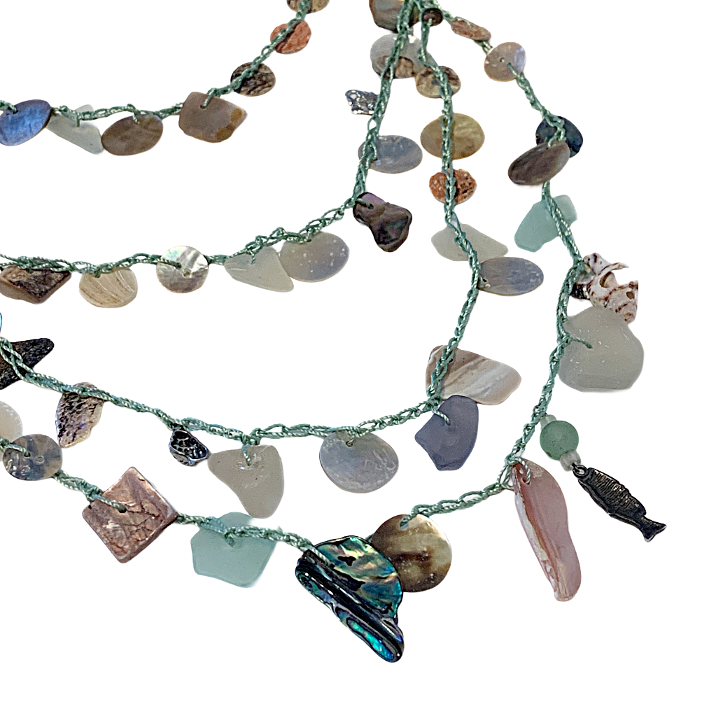 WILD THINGS | ‘Crocheted Beach/ Recycled Glass Necklace - Mint Green' | Recycled / found materials